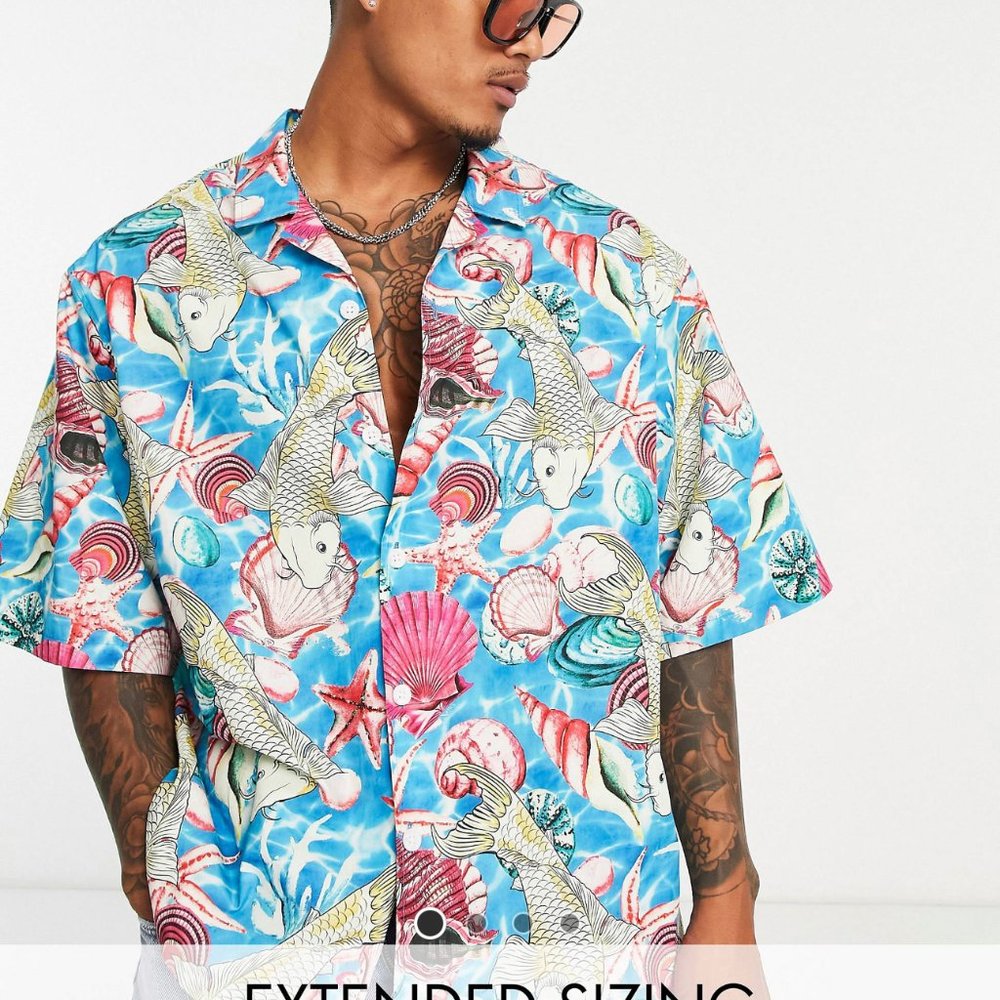 ASOS men's dropped shoulder camp collar shirt in shell print. Size XL